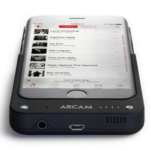 An iPhone 6/6s in an ARCAM MusicBOOST case displays a music playlist with multiple song titles. The ARCAM MusicBOOST case features control buttons, indicator lights, and a headphone jack.