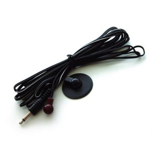 A coiled Forte A-BUS IRE-110 Single Emitter, featuring a long black cable with a 3.5mm audio jack on one end and a small round sensor with a suction cup on the other, rests neatly on a white surface.