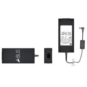 Rectangular black Forte A-BUS APS-25 Power Supply shown from three angles: top with logo, side with power input, and bottom displaying technical specifications label.
