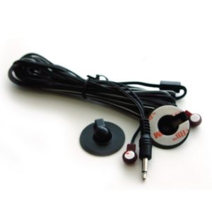 Forte A-BUS IRE-120 Dual Emitter in black, featuring a wired sensor with 3.5mm jack, adhesive pad, two round mounts, and a cable tie, displayed on a white background.