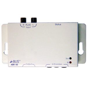 Rectangular white Forte A-BUS ABK-50 input device featuring labeled input, output, and IR emitter ports, status indicators, and mounting brackets.