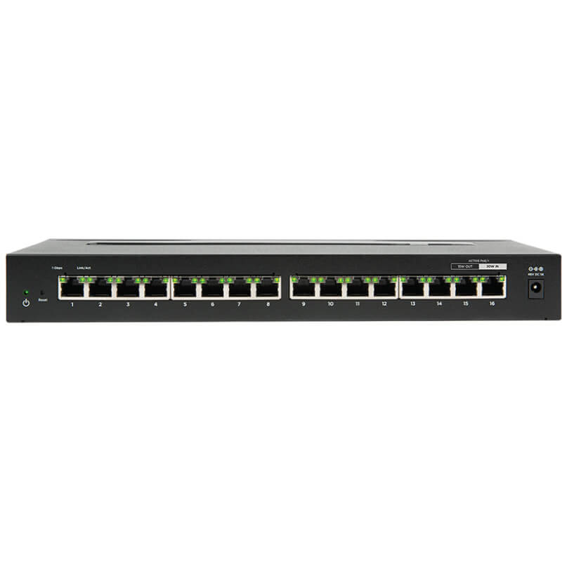Araknis Networks 110 Series Unmanaged+ Gigabit 16 Port Compact Switch Powered By Poe An araknis networks 110 series unmanaged+ gigabit 16 port compact switch powered by poe in black, featuring 16 ethernet ports on the front panel, a power button and led indicators on the left side, and a power input on the right.
