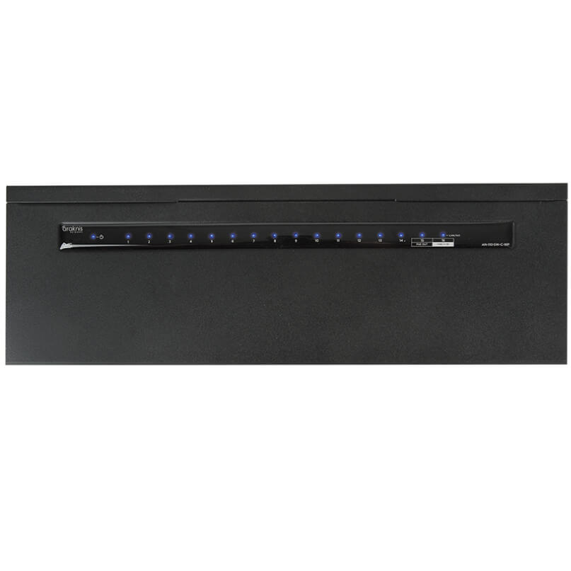 Araknis Networks 110 Series Unmanaged+ Gigabit 16 Port Compact Switch Powered By Poe Black rack-mount network switch with blue led indicators along the front panel.