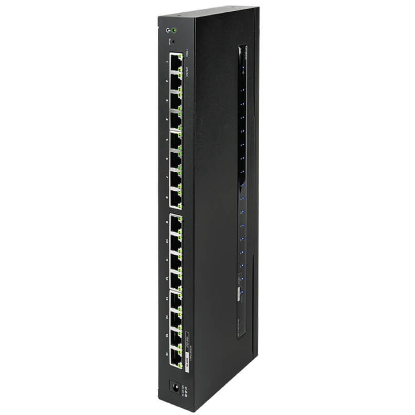 Araknis Networks 110 Series Unmanaged+ Gigabit 16 Port Compact Switch Powered By Poe Black vertical 24-port ethernet network switch with front leds.