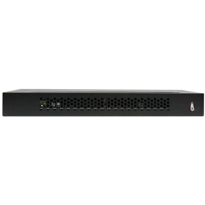 Araknis Networks 110 Series Unmanaged+ Gigabit 16 Port Compact Switch Powered By Poe 1u rack-mount server chassis with honeycomb ventilation and a lockable front panel.