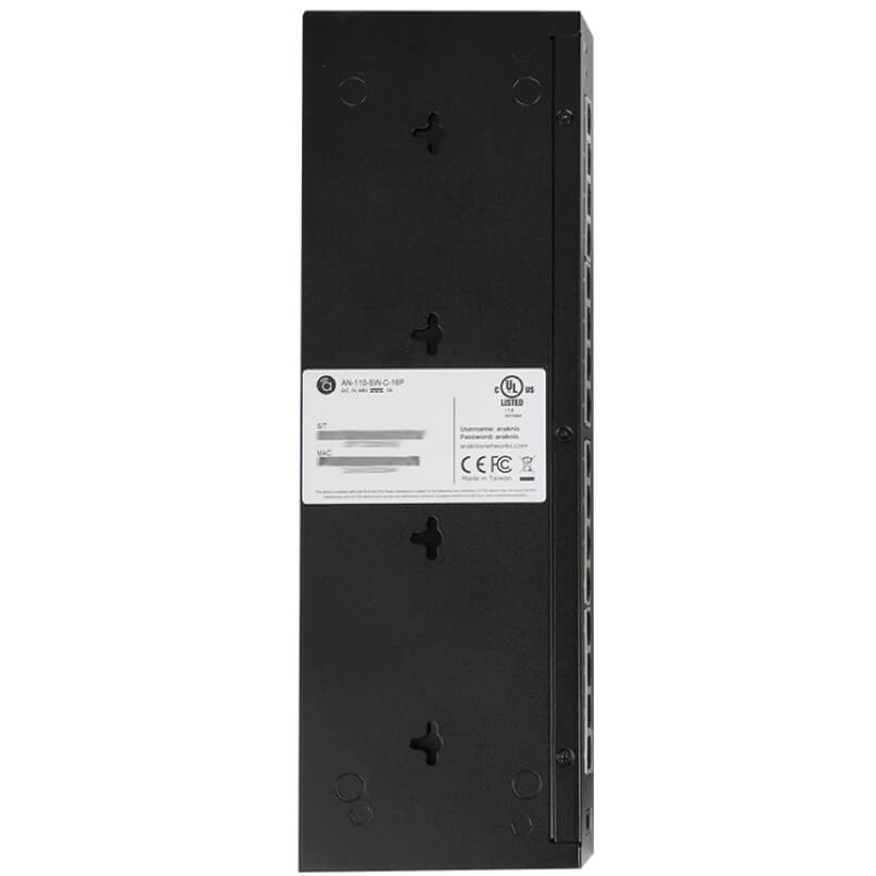 Araknis Networks 110 Series Unmanaged+ Gigabit 16 Port Compact Switch Powered By Poe Tall black electronic device module with a white label, screw holes, and right-side connector panel.