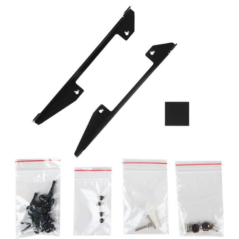 Araknis Networks 110 Series Unmanaged+ Gigabit 16 Port Compact Switch Powered By Poe Hardware mounting kit with two elongated black brackets, a square pad, and multiple bags of screws