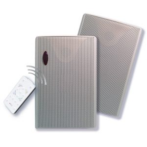Two Forte A-BUS ABD-W5 Active Outdoor Speakers and a remote control are displayed on a white background, with signal lines indicating remote connectivity.