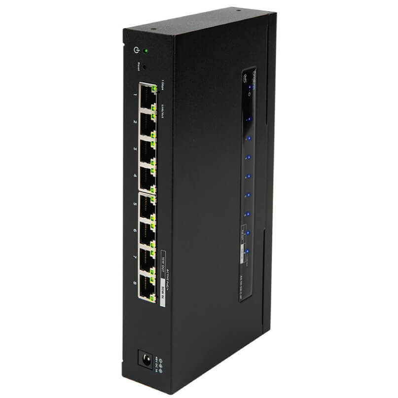 Araknis Networks 110 Series Unmanaged+ Gigabit 8 Port Compact Switch Powered By Poe Araknis networks 110 series unmanaged+ gigabit 8 port compact switch, powered by poe, features a black design with eight ethernet ports, a power button, and vertically arranged indicator lights on the front panel.