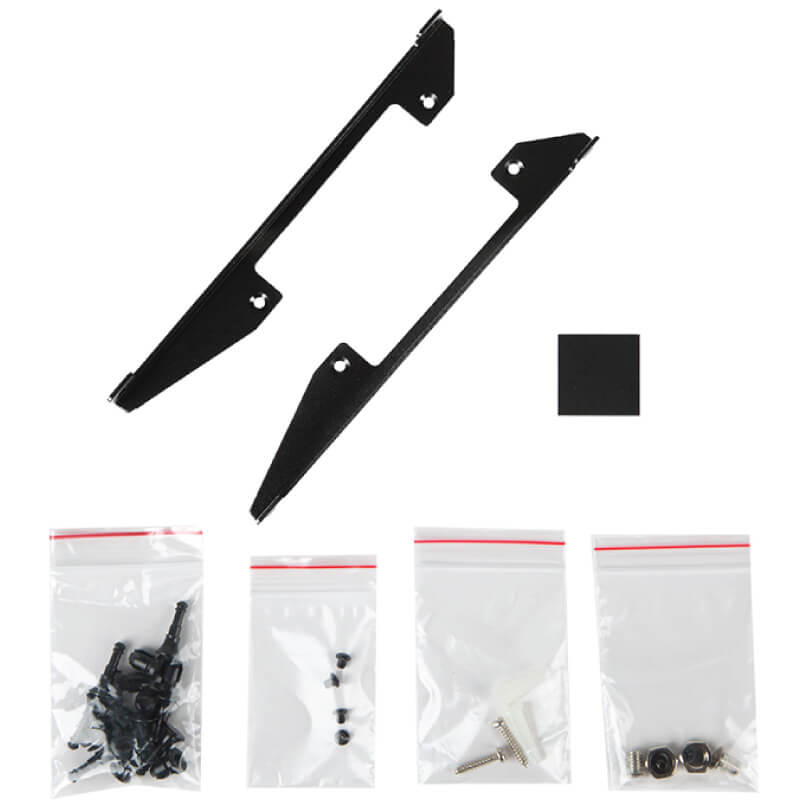 Araknis Networks 110 Series Unmanaged+ Gigabit 8 Port Compact Switch Powered By Poe Two long black metal mounting brackets with hole patterns and angled ends, plus small screw bags and a square pad.