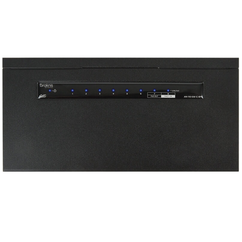 Araknis Networks 110 Series Unmanaged+ Gigabit 8 Port Compact Switch Powered By Poe Araknis eight-port managed network switch with blue front-panel leds and link/act indicators.