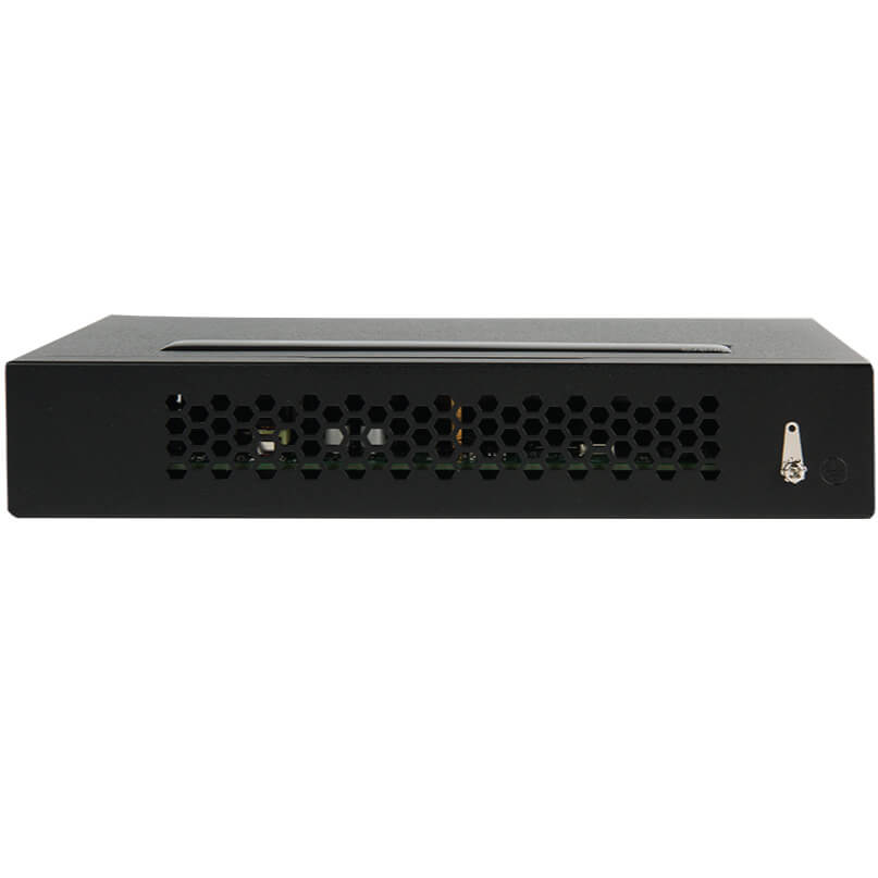 Araknis Networks 110 Series Unmanaged+ Gigabit 8 Port Compact Switch Powered By Poe Black rackmount server with honeycomb front vent and silver locking latch on the right.