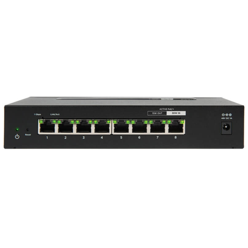 Araknis Networks 110 Series Unmanaged+ Gigabit 8 Port Compact Switch Powered By Poe Black 8-port ethernet switch with green status leds on the front and a dc power input on the right.