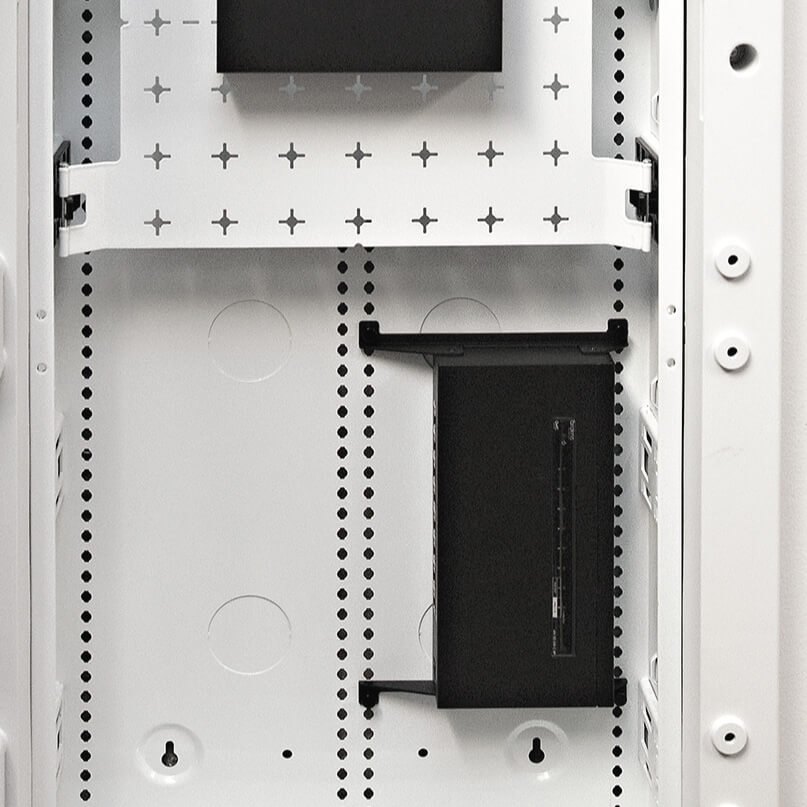 Araknis Networks 110 Series Unmanaged+ Gigabit 8 Port Compact Switch Powered By Poe 19-inch server rack interior with white perforated rails and a black vertical hot-swappable drive bay