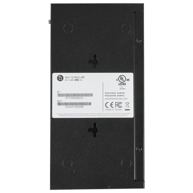 Araknis Networks 110 Series Unmanaged+ Gigabit 8 Port Compact Switch Powered By Poe Araknis an-110-sw-c-8p ethernet switch, rear view with ul-listed label.