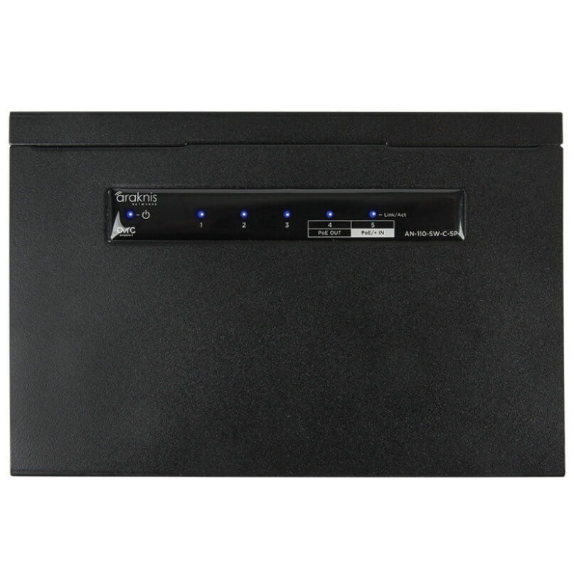 Araknis Networks 110 Series Unmanaged+ Gigabit 5 Port Compact Switch Powered By Poe Araknis an-110-sw-c-5p five-port poe switch with blue link/act leds on the front panel.