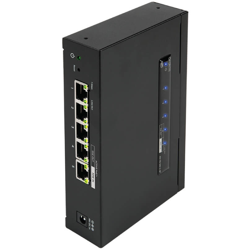 Araknis Networks 110 Series Unmanaged+ Gigabit 5 Port Compact Switch Powered By Poe Araknis networks 110 series unmanaged+ gigabit 5 port compact switch, featuring a black design, five ethernet ports, led indicators, and power over ethernet (poe) capability, is displayed standing vertically on a white background.