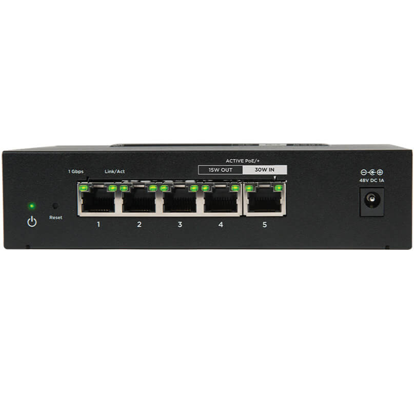 Araknis Networks 110 Series Unmanaged+ Gigabit 5 Port Compact Switch Powered By Poe Five-port poe network switch with led indicators and a 48v dc input power jack.