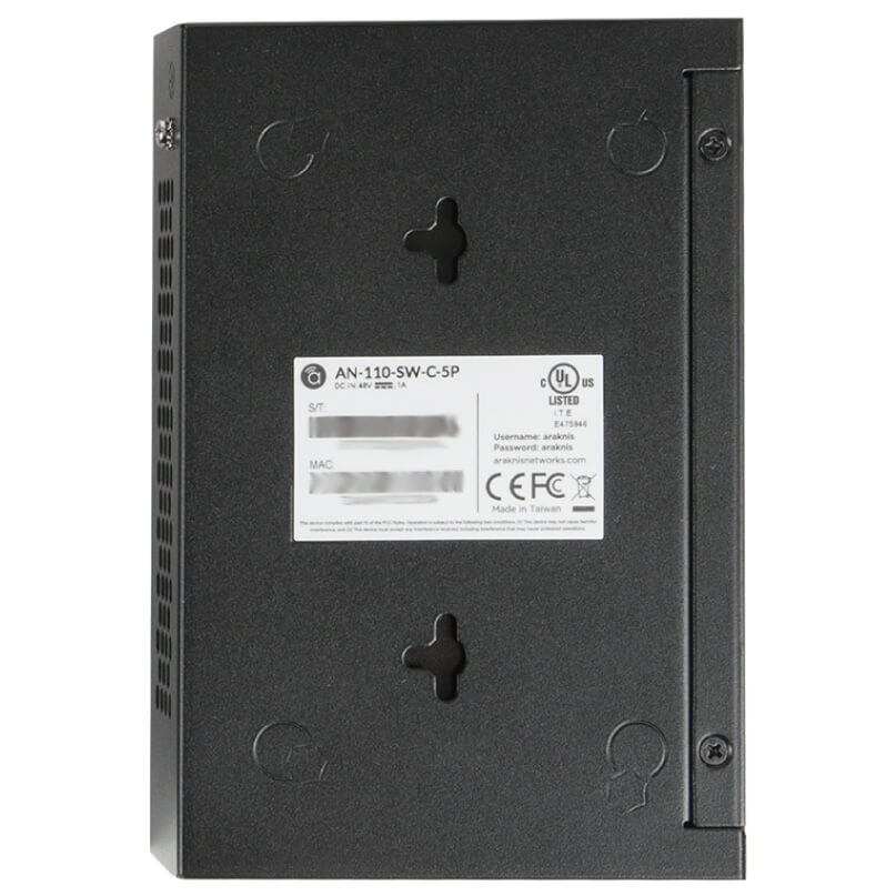 Araknis Networks 110 Series Unmanaged+ Gigabit 5 Port Compact Switch Powered By Poe Araknis an-110-sw-c-5p network switch, black metal enclosure with wall-mount keyhole and label.