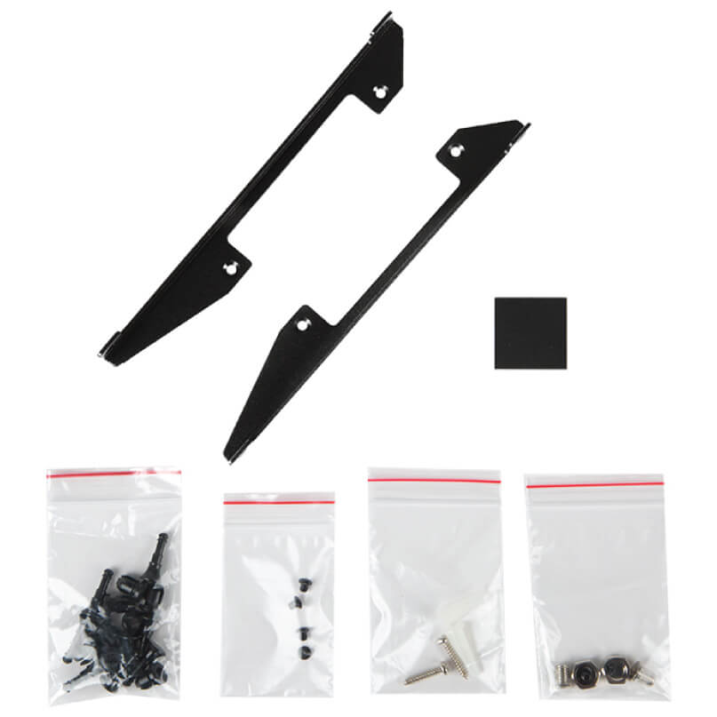 Araknis Networks 110 Series Unmanaged+ Gigabit 5 Port Compact Switch Powered By Poe Two long black metal mounting brackets with holes, a small square pad, and bags of screws for a mounting kit.