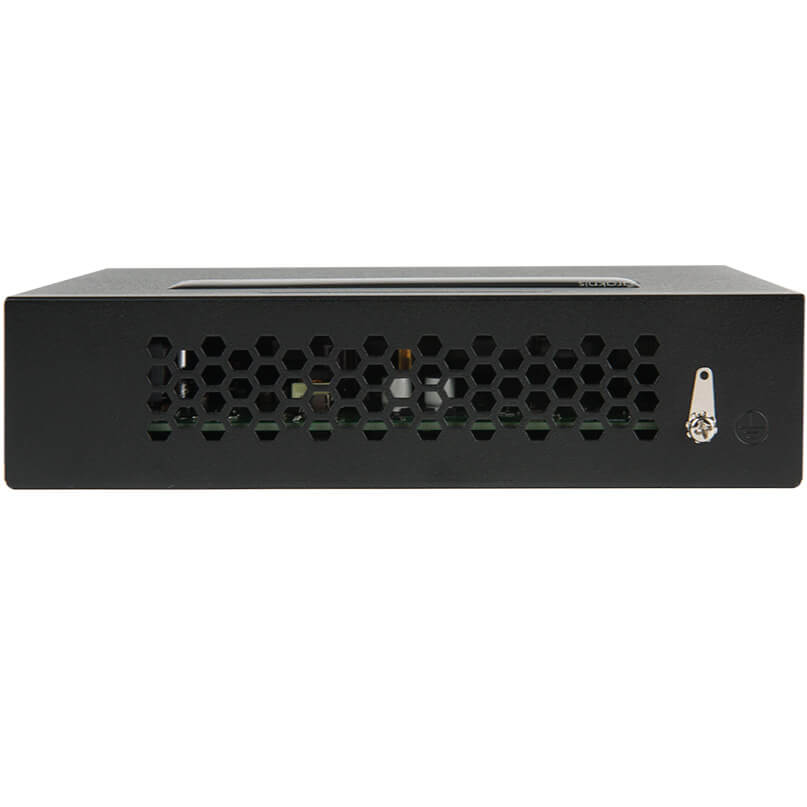Araknis Networks 110 Series Unmanaged+ Gigabit 5 Port Compact Switch Powered By Poe Front view of a black server power supply unit with hexagonal vent holes and a right side latch