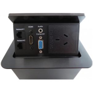 The Avgear TSM1 Amplifier Table Mount Interface is a tabletop connectivity panel featuring two network ports, HDMI, audio, VGA, and a power outlet.