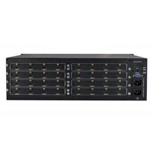 Front view of the Avgear MMX1616 HDBaseT Matrix Switcher Amplifier, featuring multiple input/output bays, clearly labeled connection slots, and dual power inputs on the right side.