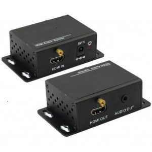 Two black Avgear HDE2 HDMI Audio De-embedder Amplifier units, featuring HDMI IN, HDMI OUT, AUDIO OUT ports, and a 5V power input.
