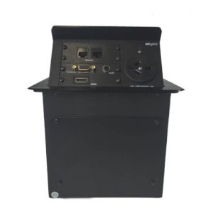 Avgear TSM2 Amplifier Table Mount Interface Box is a black tabletop connectivity panel featuring power outlet, HDMI, VGA, Ethernet, and audio ports, designed for conference rooms or workstations.