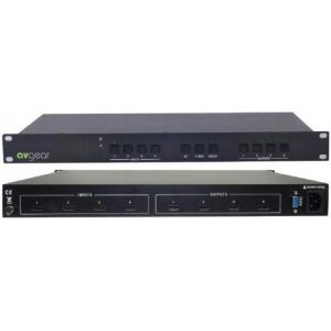 Front and back view of the Avgear MHD44 Amplifier HDMI Matrix Switcher in black, featuring multiple HDMI input and output ports, front panel buttons, and a power switch.