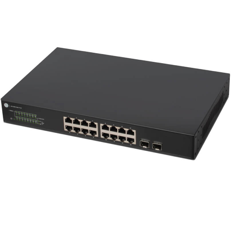 Araknis Networks 300 Series 16-Port Managed Gigabit Switch With Front Ports The araknis networks 300 series 16-port managed gigabit switch with front ports, featuring a black design, 16 ethernet ports, 2 sfp ports, and indicator lights on the front panel, is shown on a white background.