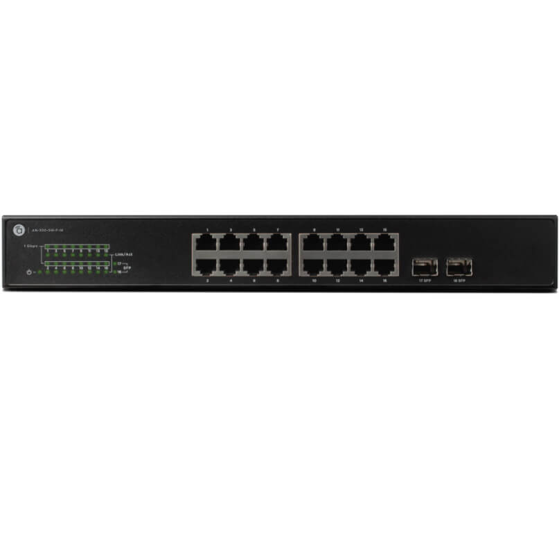 Araknis Networks 300 Series 16-Port Managed Gigabit Switch With Front Ports Front view of a rack-mount ethernet switch with 24 rj-45 ports, two sfp uplink ports, and status leds.