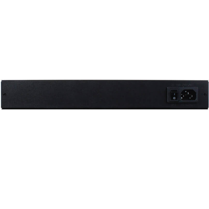 Araknis Networks 300 Series 16-Port Managed Gigabit Switch With Front Ports Rear view of a black rack-mount power supply with iec c14 inlet and power switch.