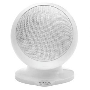 A white Cabasse Alcyone 2 Satellite speaker with a spherical shape and mesh front sits on a round base, with the “Cabasse” brand name visible on the base.