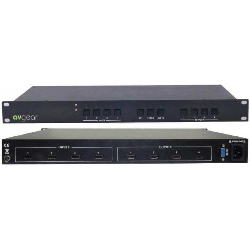 Avgear Mhd44 Ext Kit Amplifier Matrix Switcher Front and back views of the avgear mhd44 ext kit amplifier matrix switcher in black, featuring input selection buttons on the front panel and hdmi input/output ports on the rear panel.