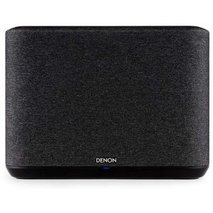 A black Denon Home 250 Wireless Speaker with a fabric front, rectangular shape, and a small blue indicator light at the bottom center.