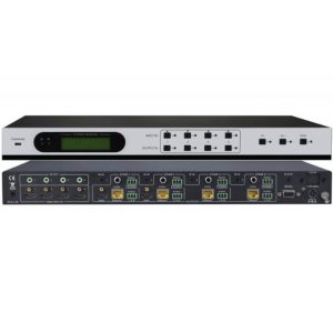 Front and back view of the Avgear Mhd44tp Matrix Kit Amplifier audio/video matrix switcher, featuring multiple input and output ports, control buttons, a display screen, and various connector types.