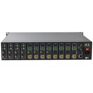 Front view of the Avgear MHD88TP Amplifier Matrix Switcher, featuring multiple modules, network ports, indicator lights, a power switch, and ventilation slots in a rack-mounted chassis.