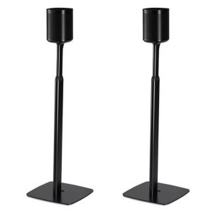 Two identical Flexson Desk Stands for Sonos PLAY:1/ONE with black metal square bases and cylindrical holders, positioned upright against a white background.