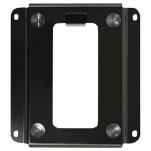 Flexson Sonos Subwoofer Wall Bracket in black, featuring a large rectangular cutout in the center and four corner screws, displayed on a white background.