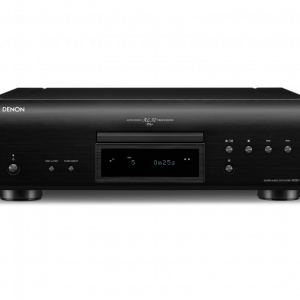 Front view of a black Denon DCD-1600NE Super Audio CD Player with display screen, buttons, and disc tray, shown against a plain white background.