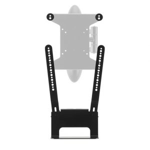 Flexson TV Bracket Attachment for Sonos BEAM, a black adjustable mount with multiple holes, is shown from above attached to a grey, partially transparent base.