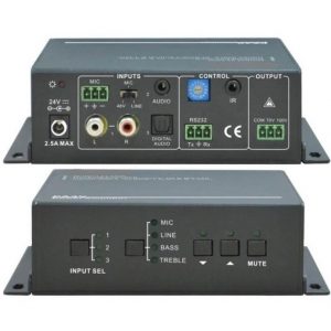 Two Avgear AVG-PA3V black audio amplifier control boxes featuring various input, output, and control ports—including RCA, terminal blocks, and buttons for mic, line, bass, treble, and mute.
