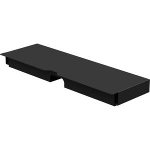 A rectangular black Flexson TV Stand for SONOS PLAYBAR, featuring a cutout in the center of one edge and raised sides, is photographed against a white background.