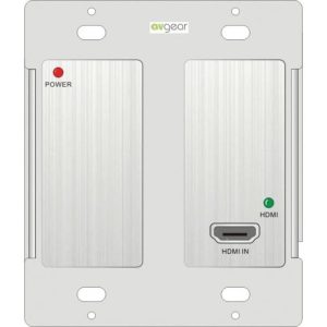 Avgear TPHD405PT-WPH Amplifier Wallplate Receiver featuring Avgear branding, a power indicator, an HDMI IN port with a status light, and mounting holes.