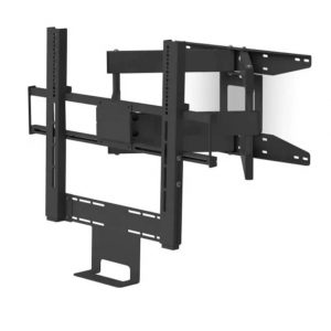 Flexson Cantilever Bracket for 65″ TV and Sonos BEAM or PLAYBAR, featuring black adjustable extendable arms and multiple mounting holes for secure installation, shown against a white background.