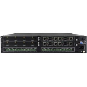 The Avgear MMX-88 HDBaseT Amplifier Matrix switcher is a rack-mounted network appliance featuring multiple Ethernet ports, a serial interface, indicator lights, and terminal blocks for wiring connections on the front panel.