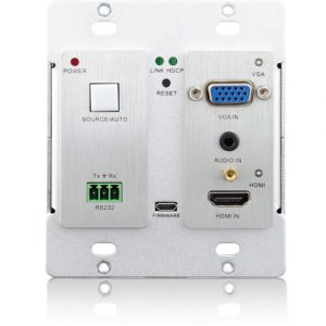 The Avgear TPHD405 Kit Amplifier wallplate receiver features RS232, HDMI, VGA, and audio input ports, as well as a source/auto button, power and link indicators, and a reset button.