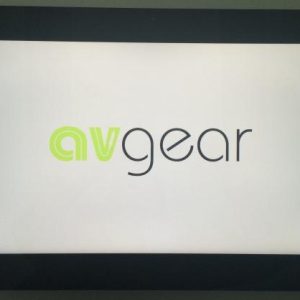 A white background displays the product name, “Avgear IWTS-21 Amplifier Wall Capacitive Touch Screen,” with “av” shown in green and “gear” in black lowercase letters on the screen.