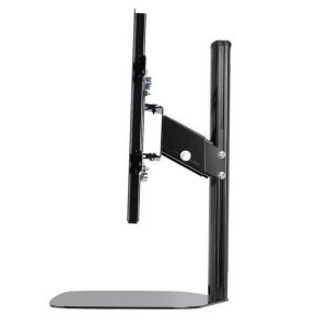 Side view of the Flexson Adjustable TV Stand for Sonos BEAM in black, featuring a rectangular base and vertical support holding a mounted screen.